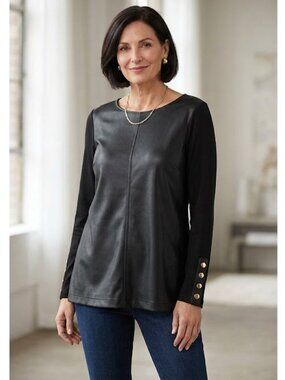 Chico's Black Faux Leather Front Tunic Top XL Long Sleeve Like New